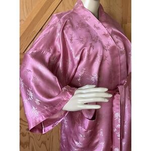Vintage Esme Pure Silk Kimono Robe Rose Pink Floral Jacquard Sash M